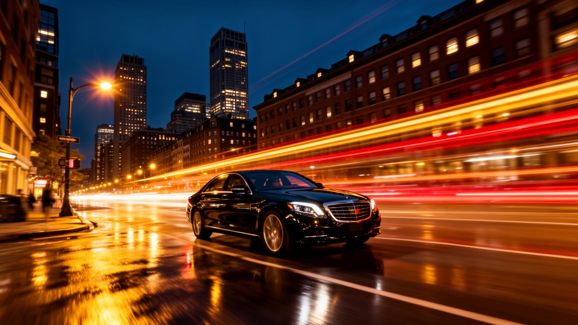 Black sedan speeding through Boston at night